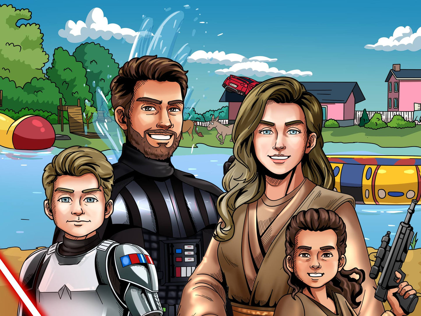 Custom Star Wars-style Jedi portrait of four people — hand-drawn family illustration with lightsabers