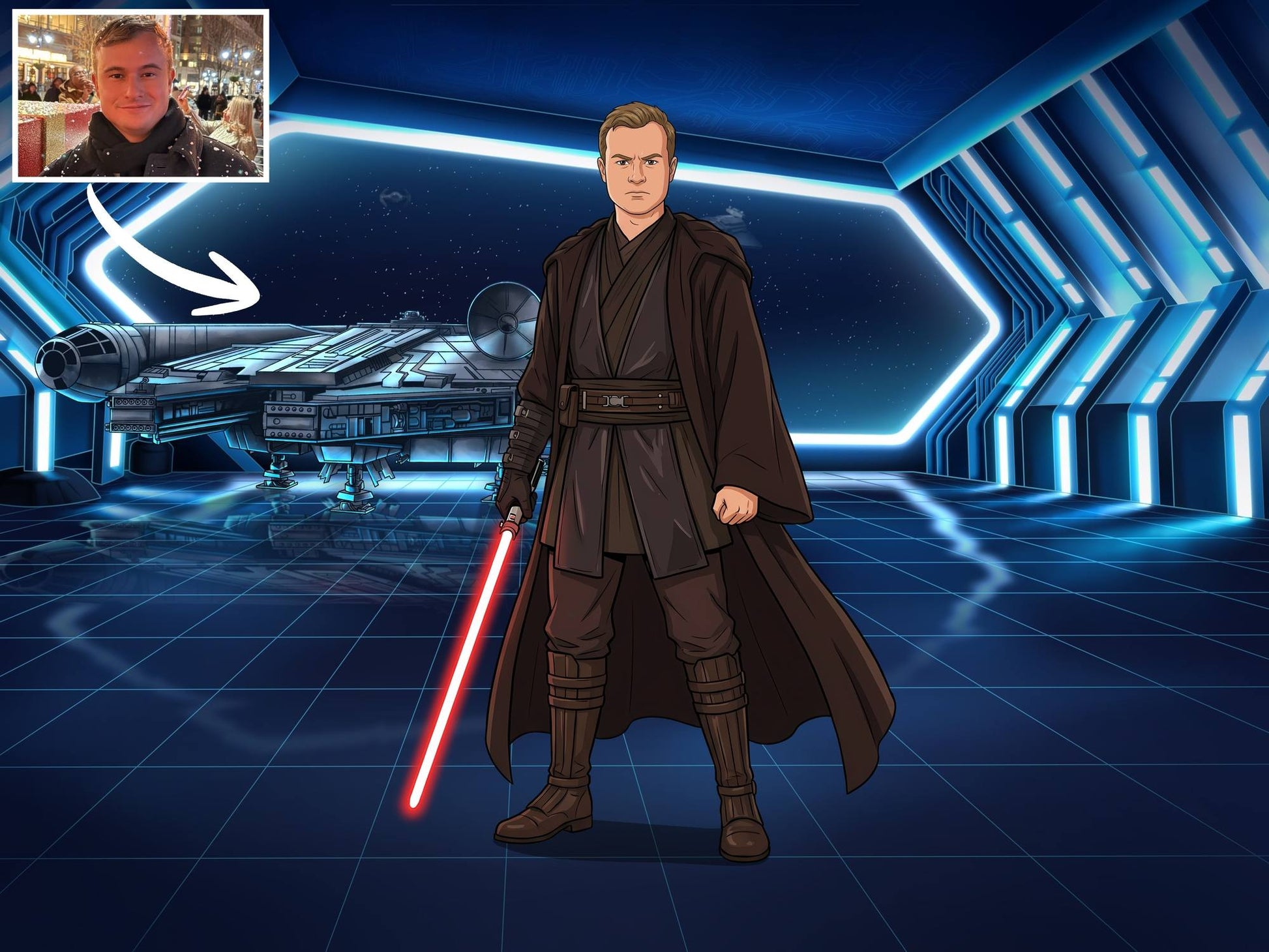 Custom Star Wars-style Jedi portrait of one person — hand-drawn illustration in Jedi robes with lightsaber
