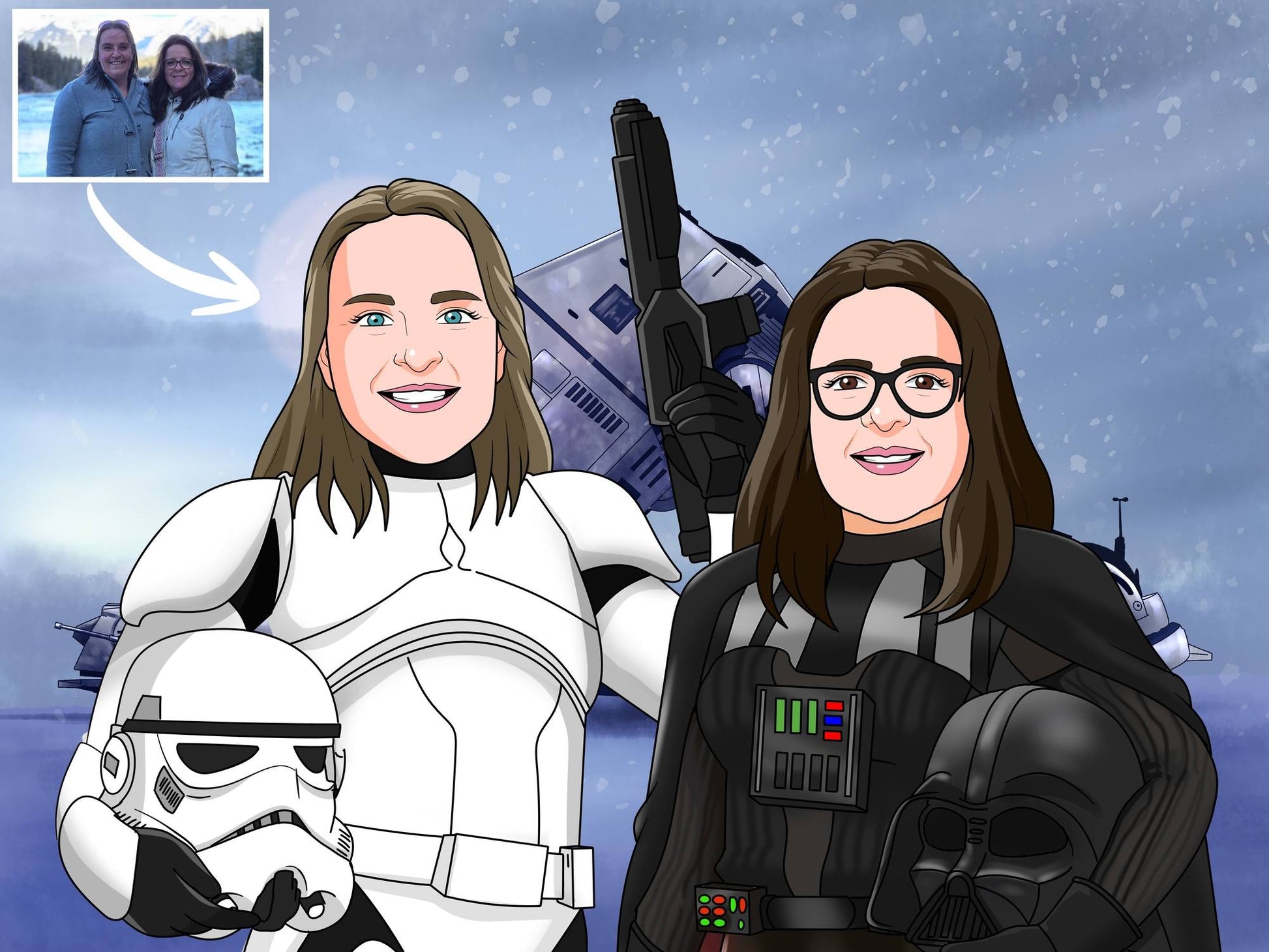 Custom Star Wars-style Jedi portrait of two people — hand-drawn couple illustration with lightsabers