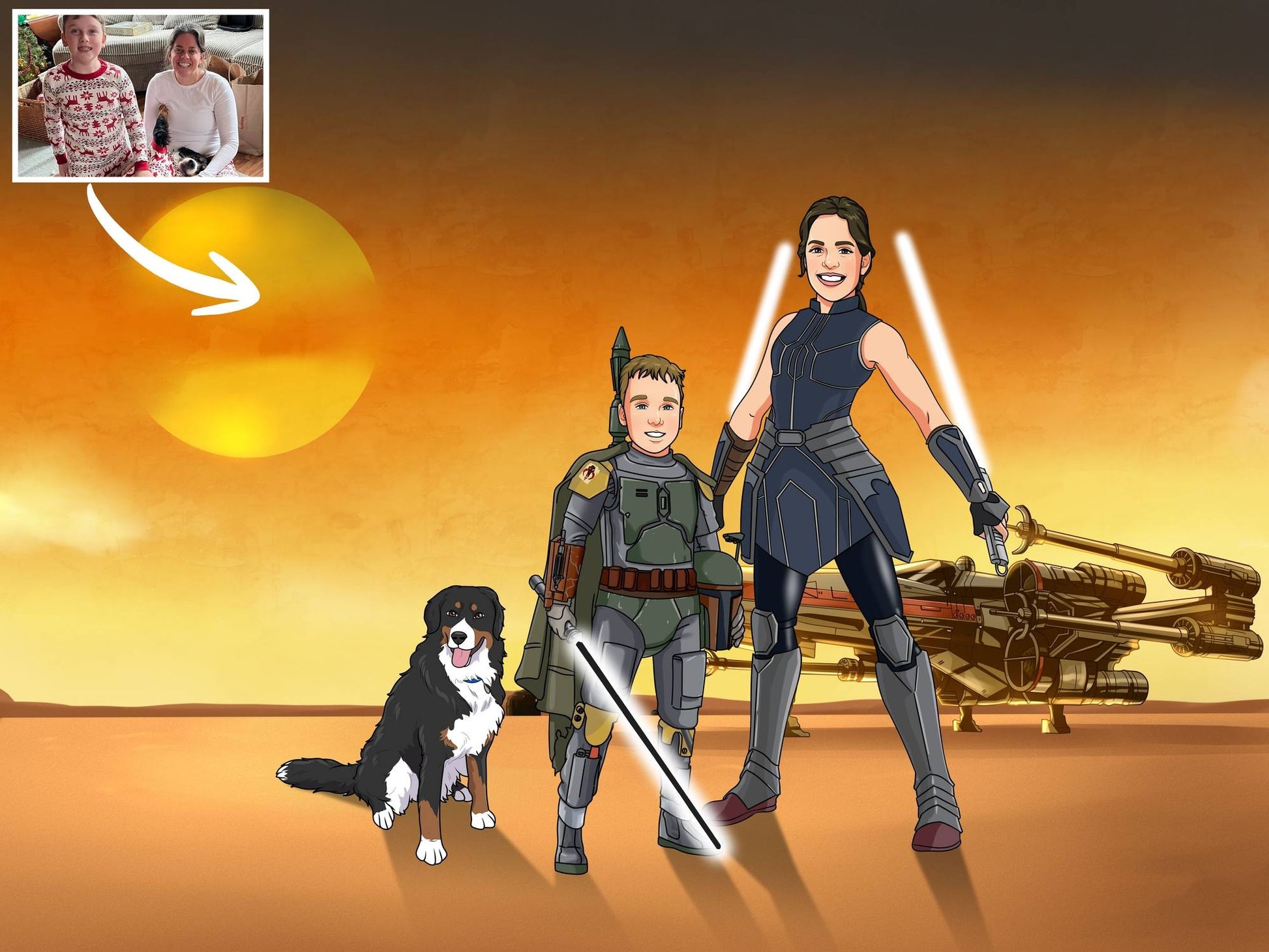 Custom Star Wars-style Jedi portrait of three people — hand-drawn group illustration with lightsabers