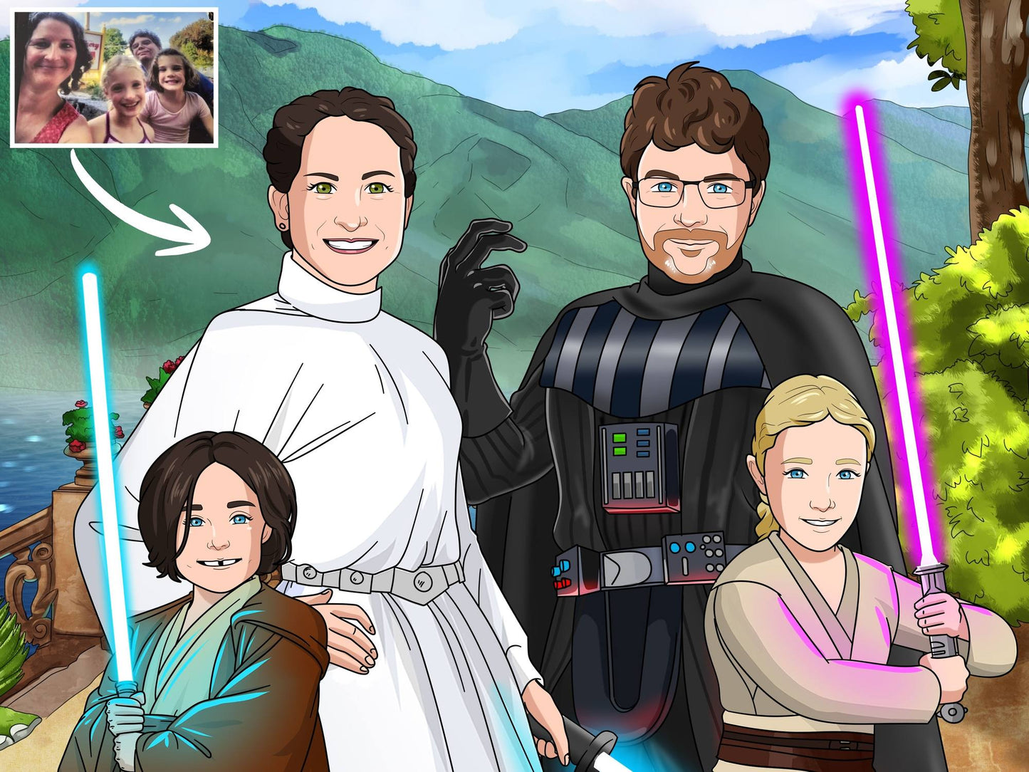 Custom Star Wars-style Jedi portrait of four people — hand-drawn family illustration with lightsabers