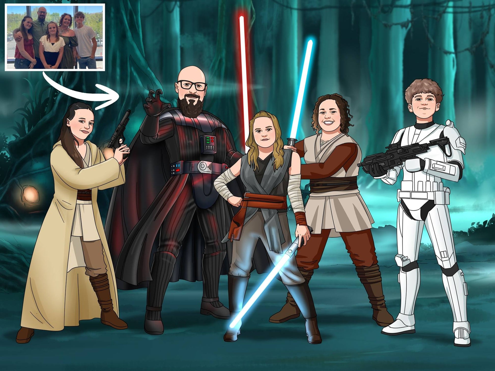 Custom Star Wars-style Jedi portrait of a large group — hand-drawn illustration with multiple people holding lightsabers