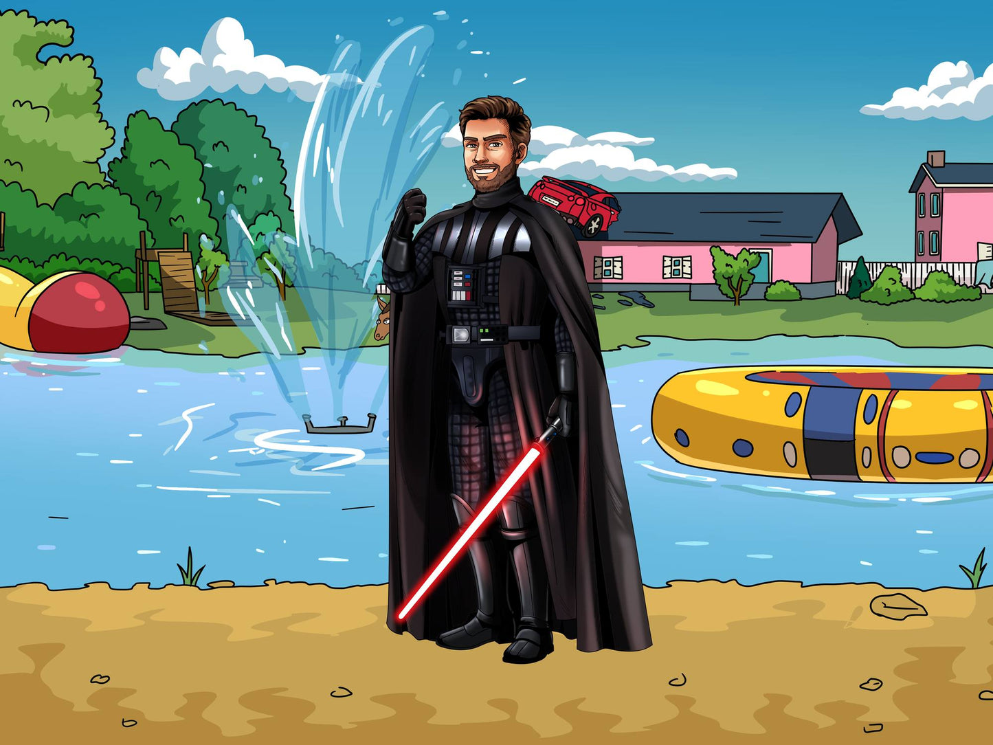 Custom Star Wars-style Jedi portrait of one person — hand-drawn illustration in Jedi robes with lightsaber