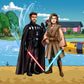 Custom Star Wars-style Jedi portrait of two people — hand-drawn couple illustration with lightsabers