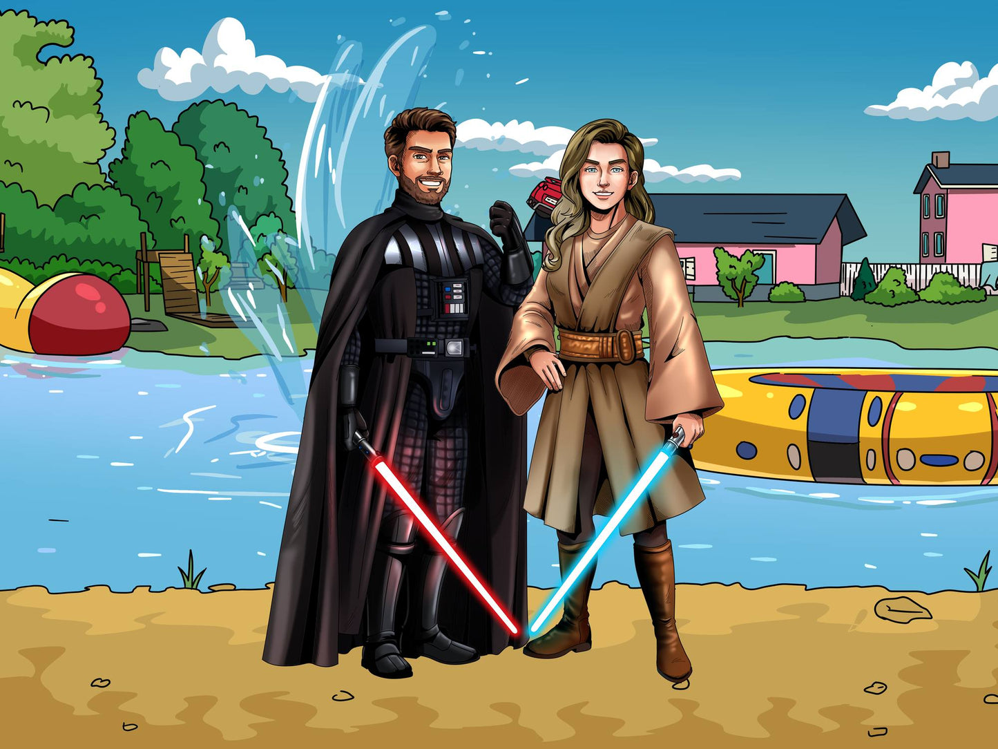Custom Star Wars-style Jedi portrait of two people — hand-drawn couple illustration with lightsabers