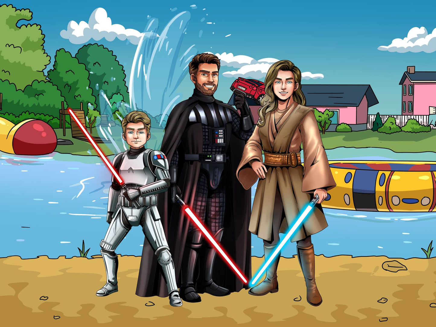 Custom Star Wars-style Jedi portrait of three people — hand-drawn group illustration with lightsabers