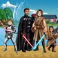 Custom Star Wars-style Jedi portrait of four people — hand-drawn family illustration with lightsabers
