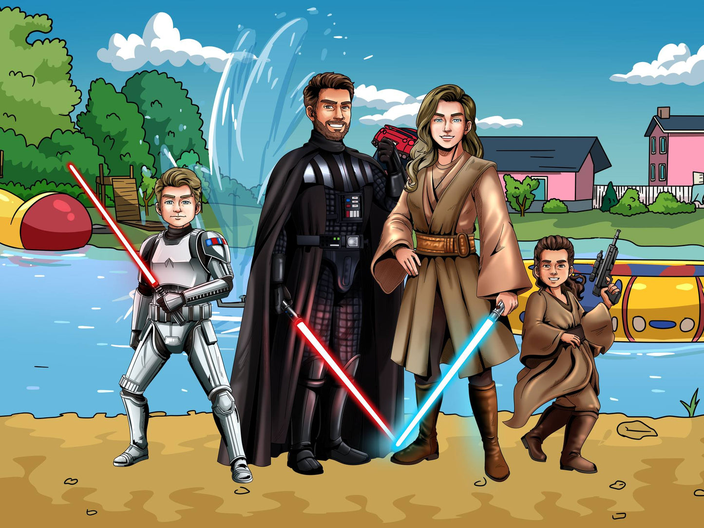 Custom Star Wars-style Jedi portrait of four people — hand-drawn family illustration with lightsabers