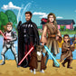 Custom Star Wars-style Jedi portrait of a large group — hand-drawn illustration with multiple people holding lightsabers
