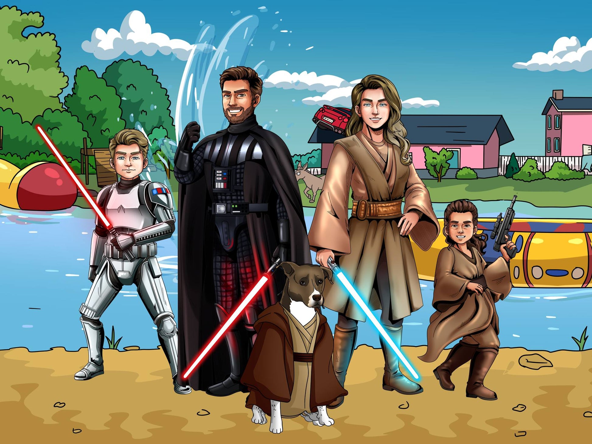 Custom Star Wars-style Jedi portrait of a large group — hand-drawn illustration with multiple people holding lightsabers