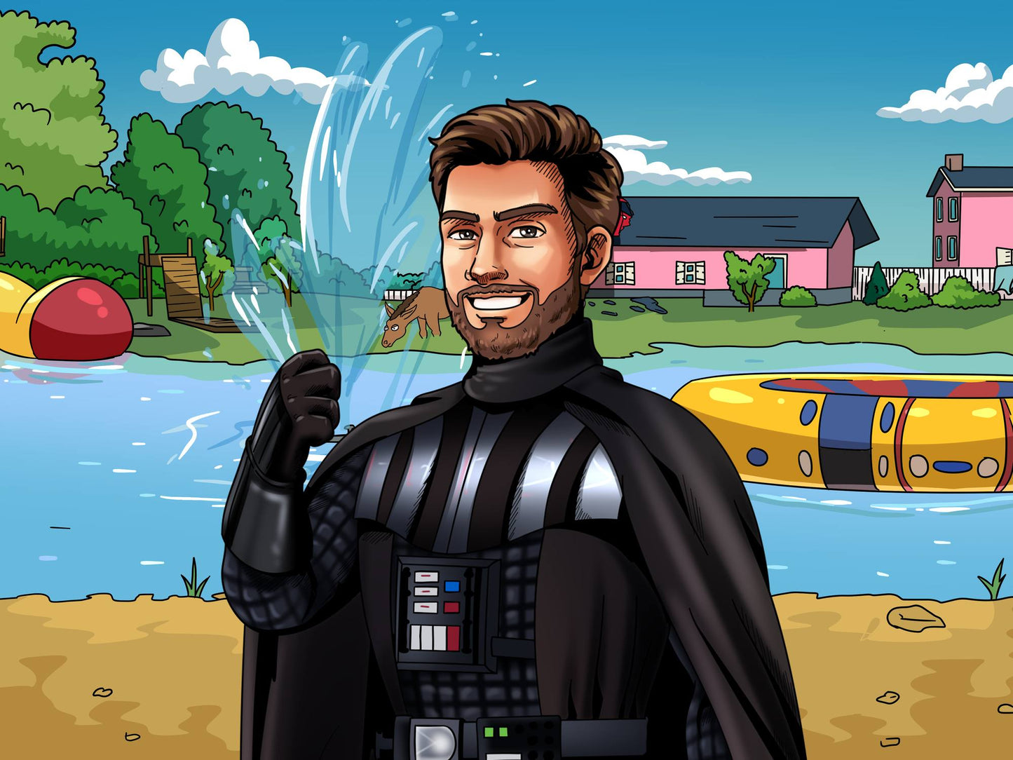 Custom Star Wars-style Jedi portrait of one person — hand-drawn illustration in Jedi robes with lightsaber