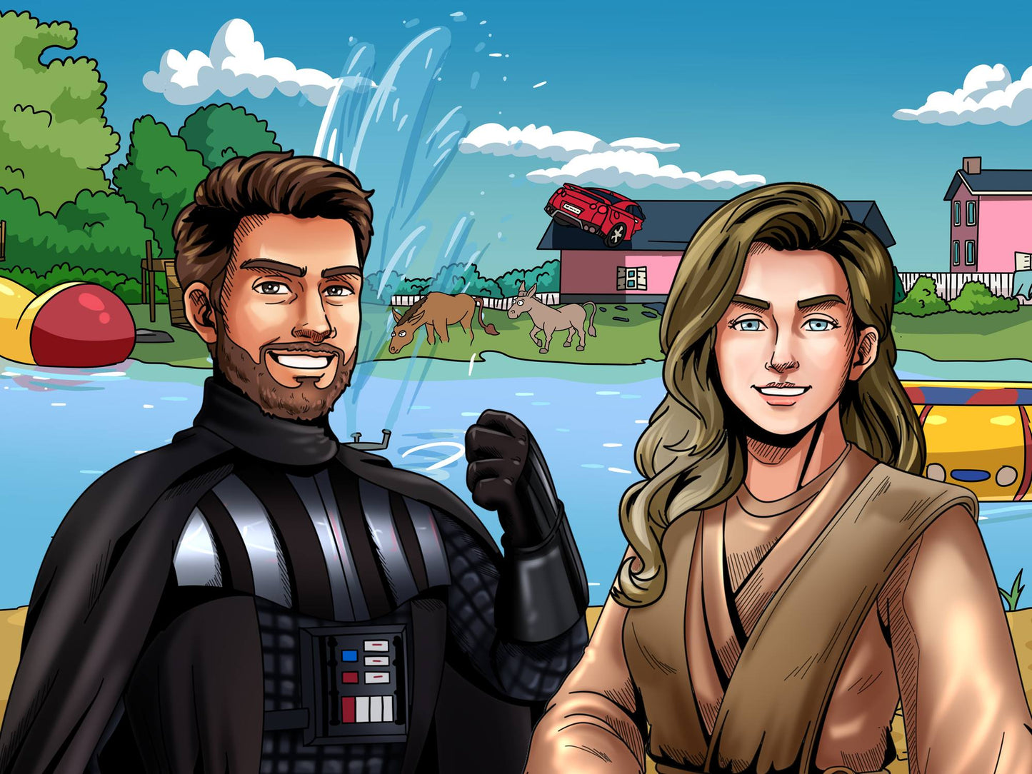 Custom Star Wars-style Jedi portrait of two people — hand-drawn couple illustration with lightsabers
