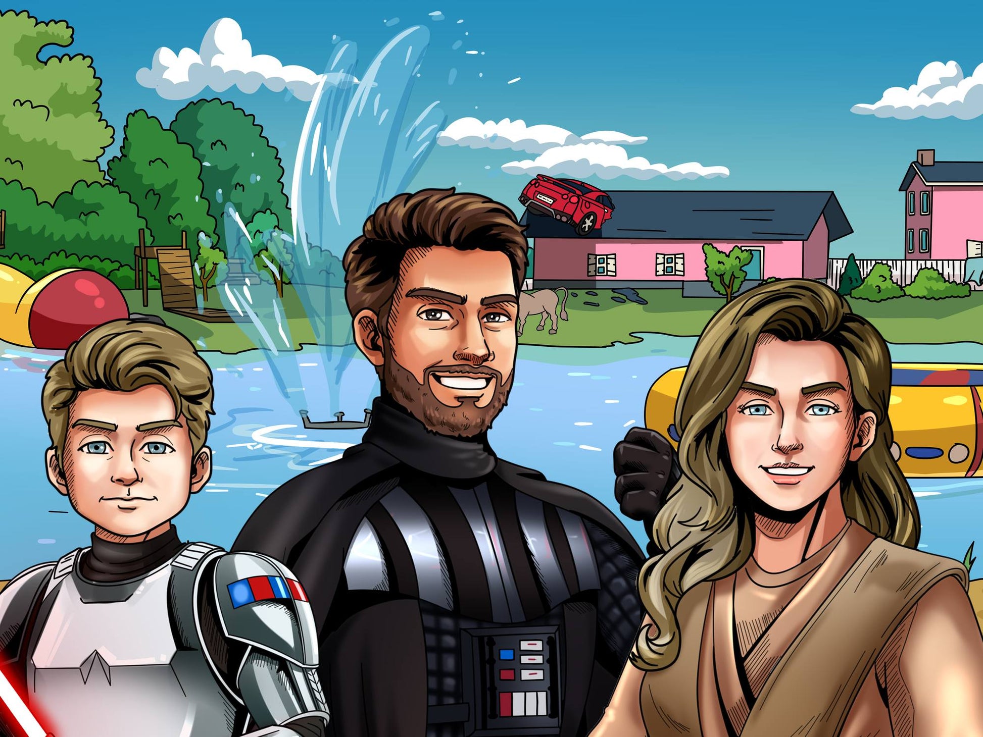 Custom Star Wars-style Jedi portrait of three people — hand-drawn group illustration with lightsabers