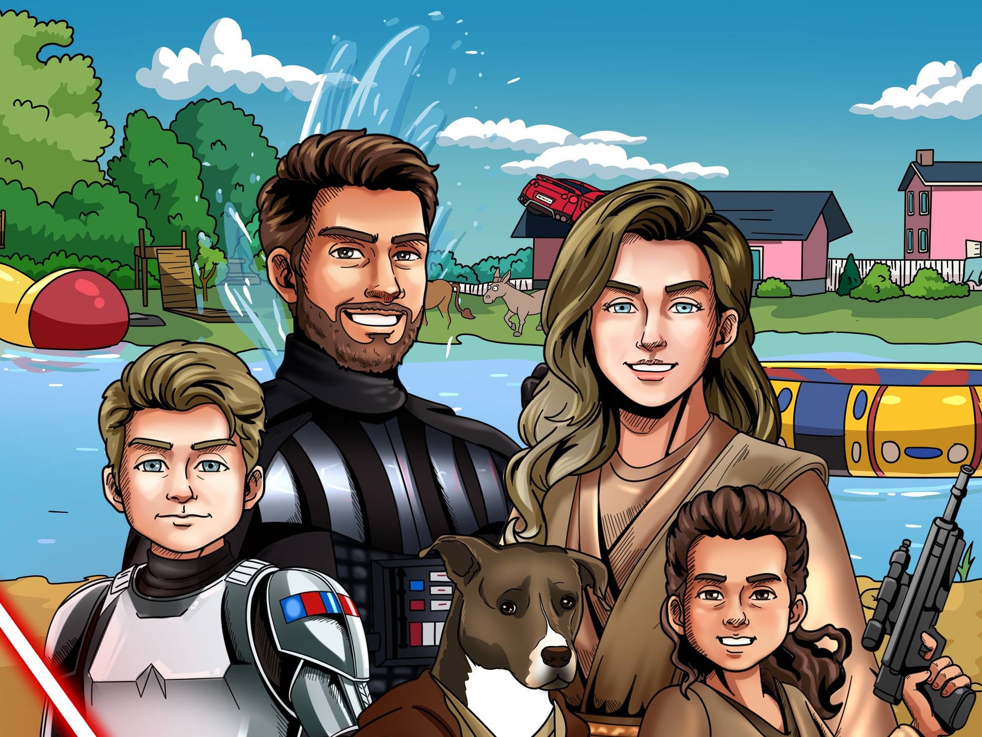 Custom Star Wars-style Jedi portrait of a large group — hand-drawn illustration with multiple people holding lightsabers