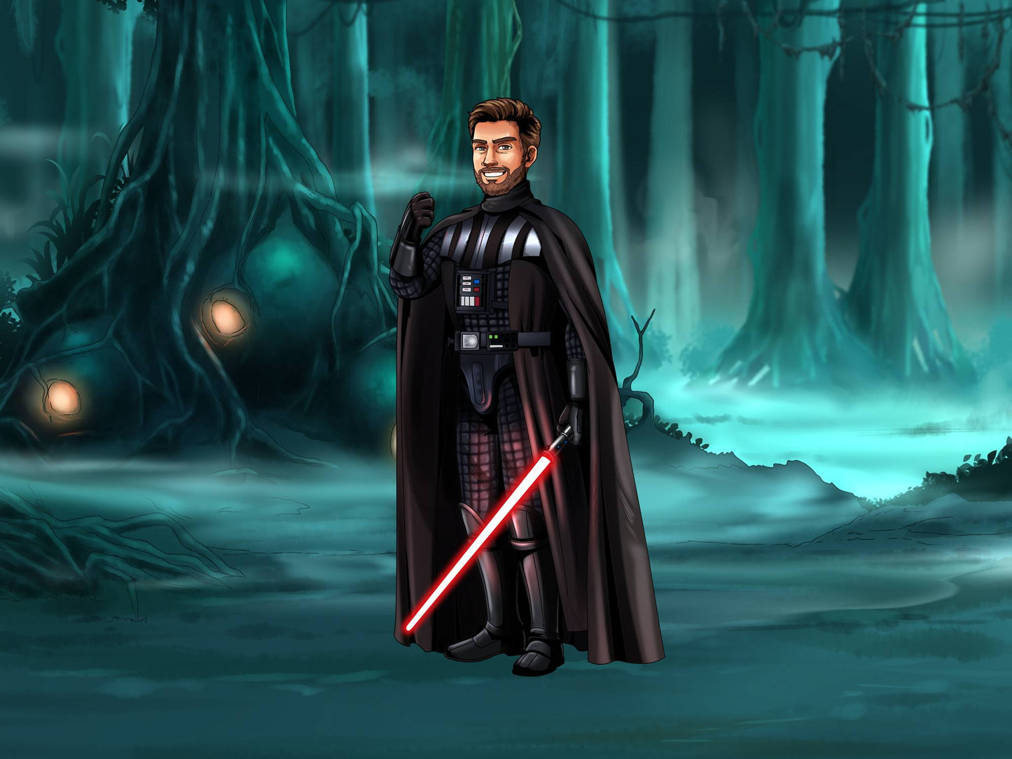 Custom Star Wars-style Jedi portrait of one person — hand-drawn illustration in Jedi robes with lightsaber
