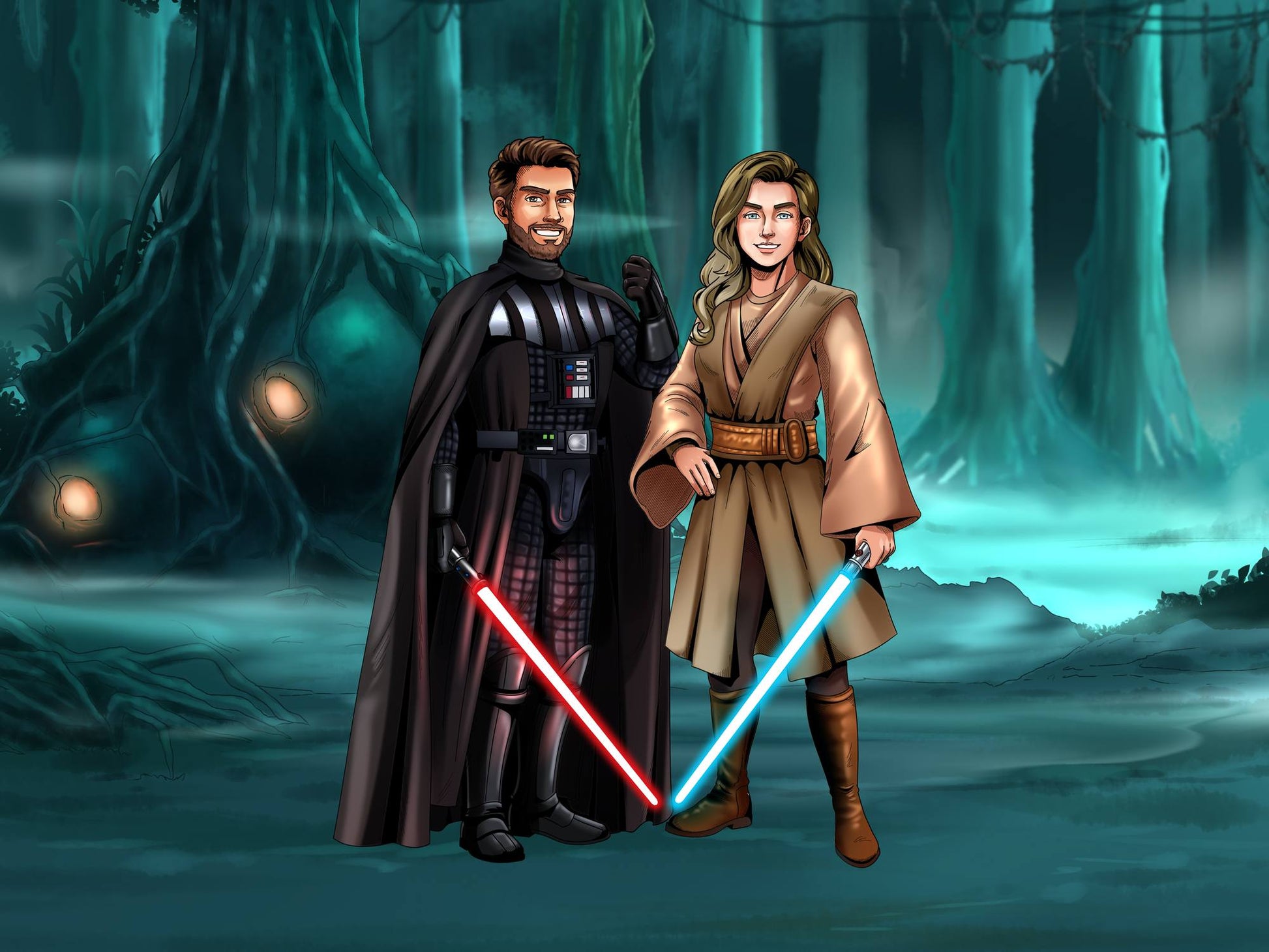 Custom Star Wars-style Jedi portrait of two people — hand-drawn couple illustration with lightsabers