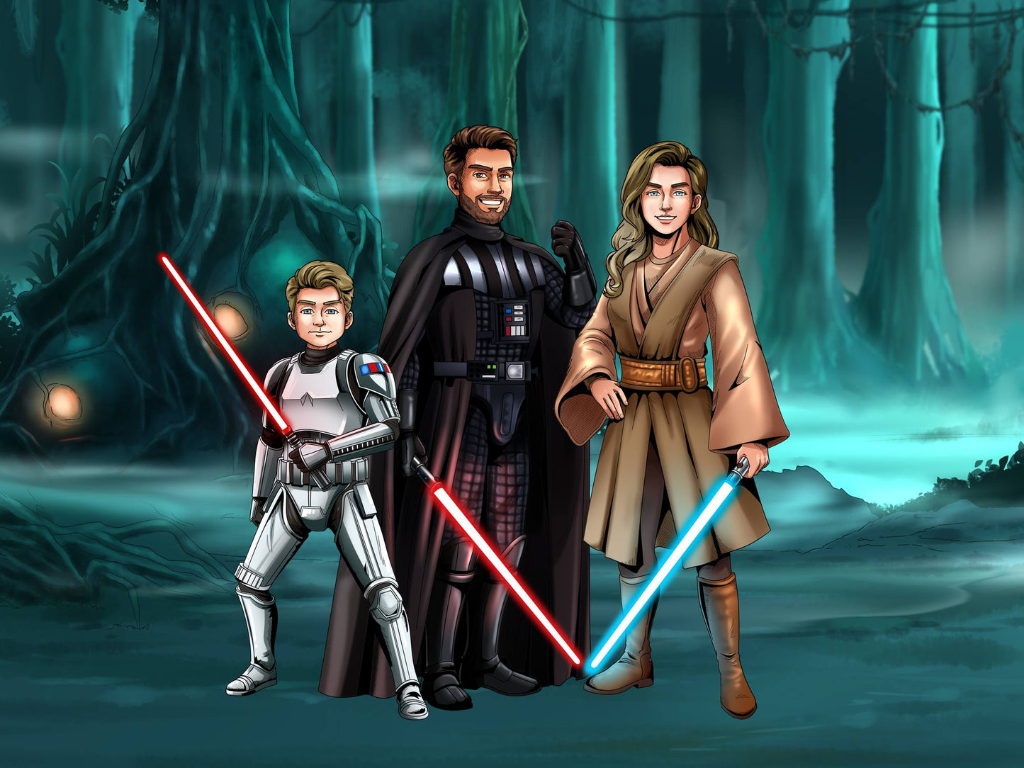 Custom Star Wars-style Jedi portrait of three people — hand-drawn group illustration with lightsabers