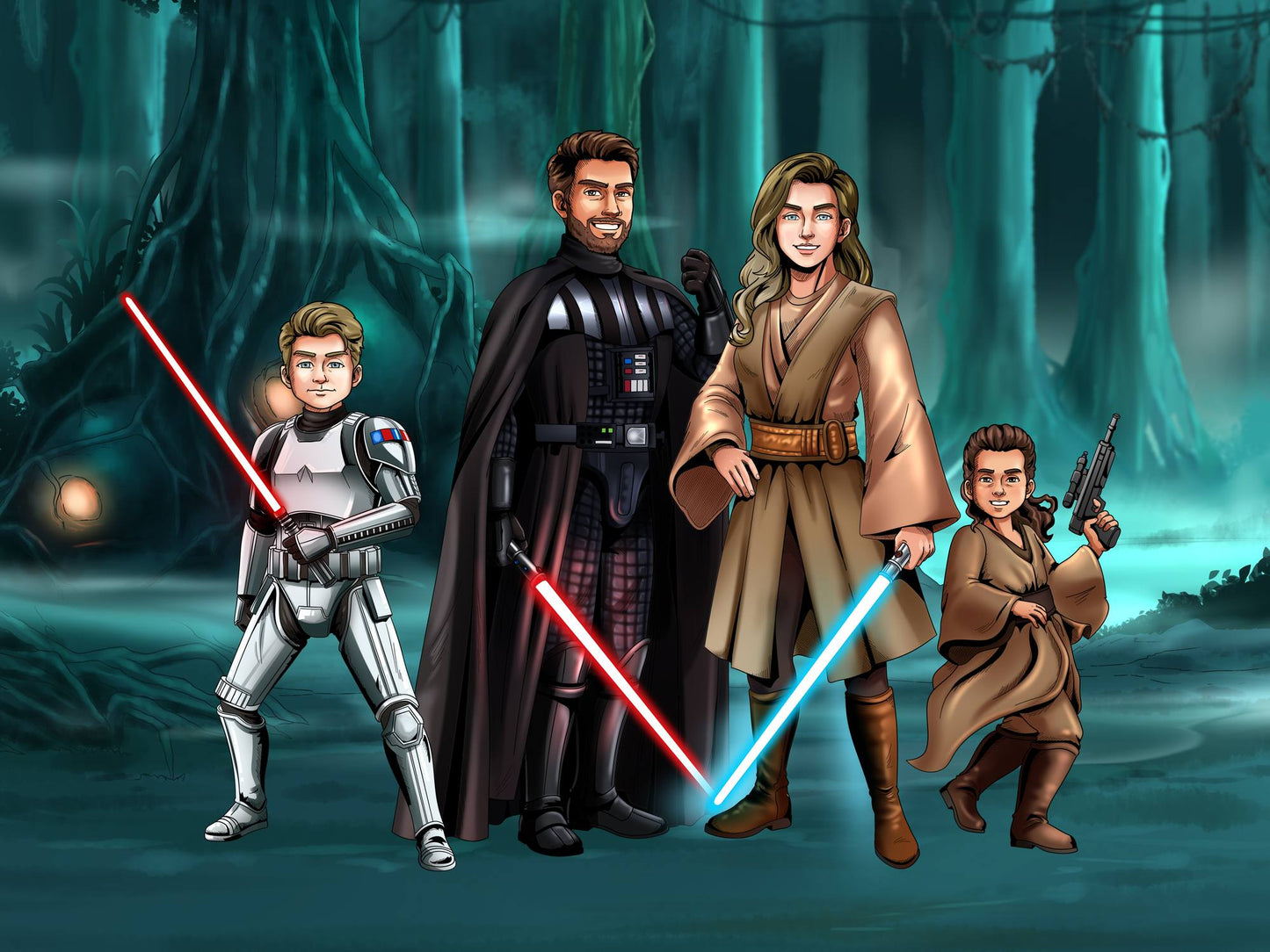 Custom Star Wars-style Jedi portrait of four people — hand-drawn family illustration with lightsabers