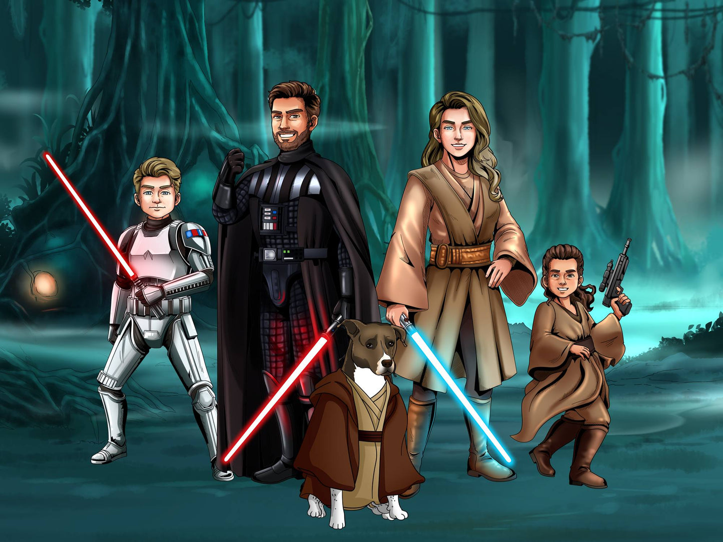 Custom Star Wars-style Jedi portrait of a large group — hand-drawn illustration with multiple people holding lightsabers