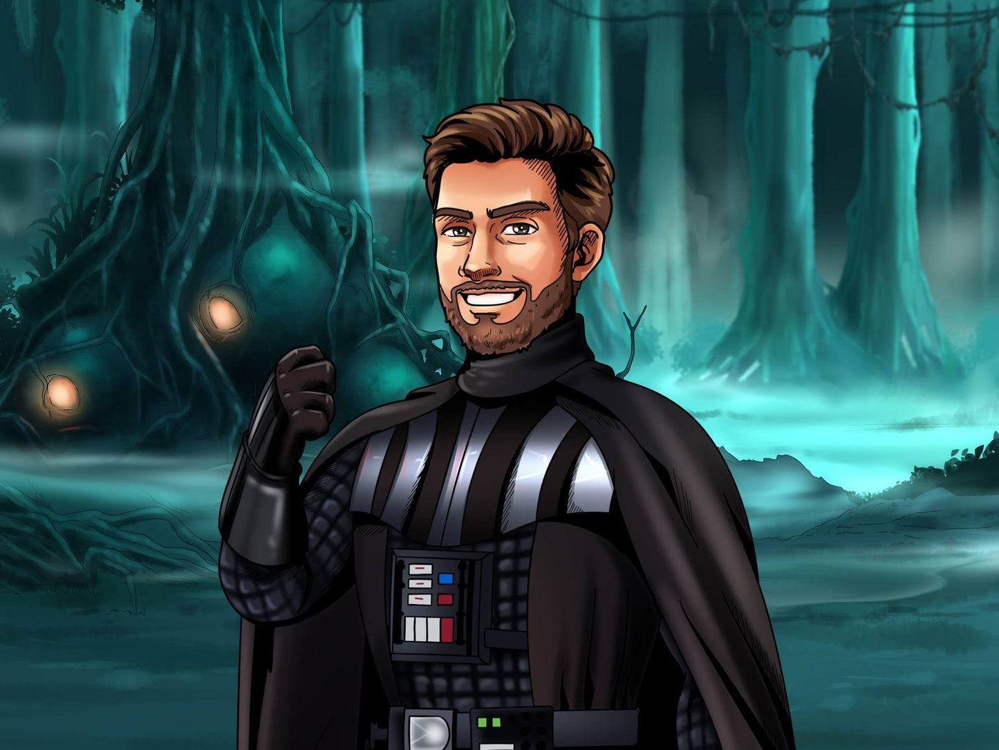 Custom Star Wars-style Jedi portrait of one person — hand-drawn illustration in Jedi robes with lightsaber