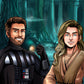 Custom Star Wars-style Jedi portrait of two people — hand-drawn couple illustration with lightsabers