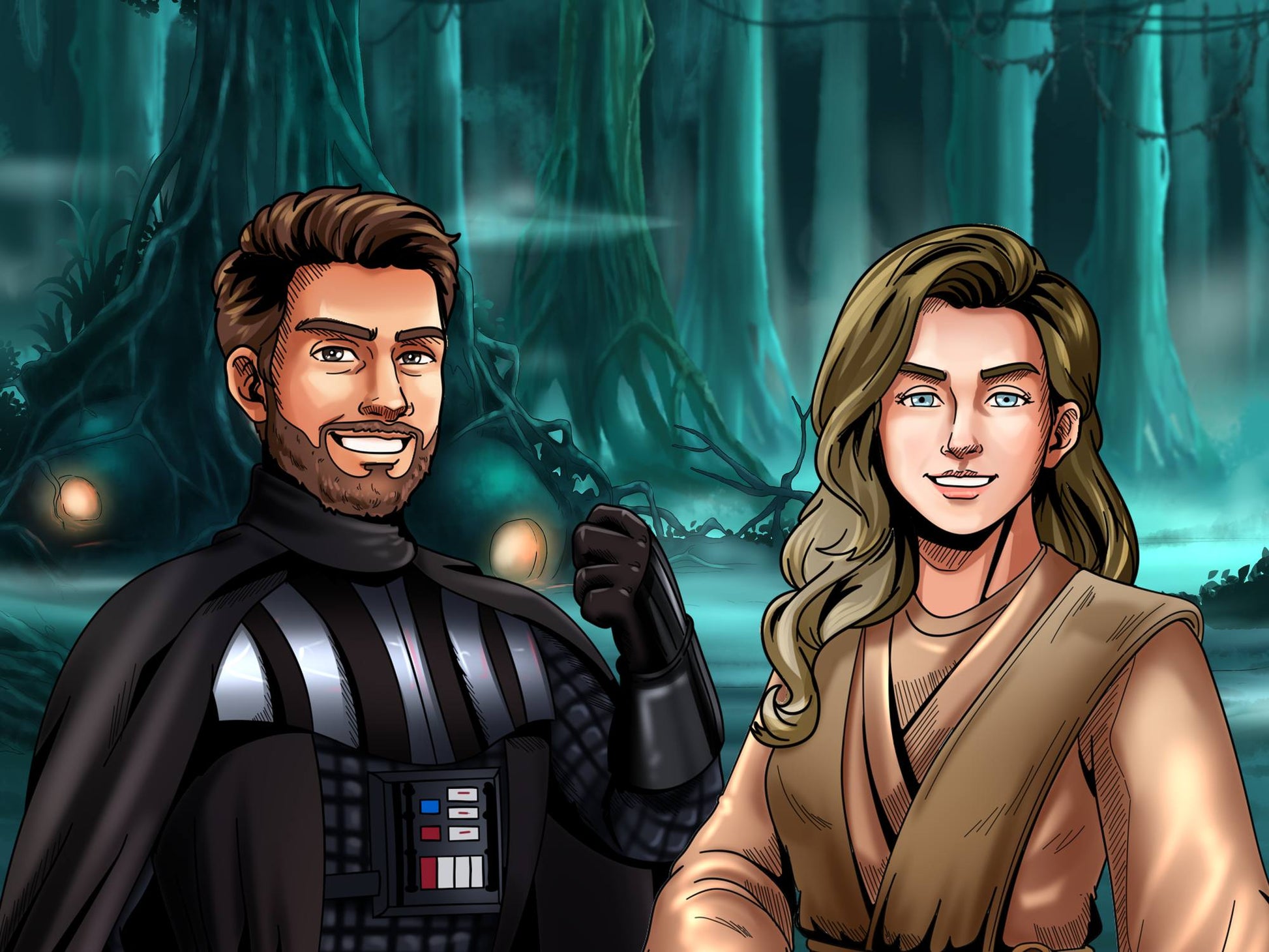 Custom Star Wars-style Jedi portrait of two people — hand-drawn couple illustration with lightsabers