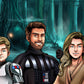 Custom Star Wars-style Jedi portrait of three people — hand-drawn group illustration with lightsabers
