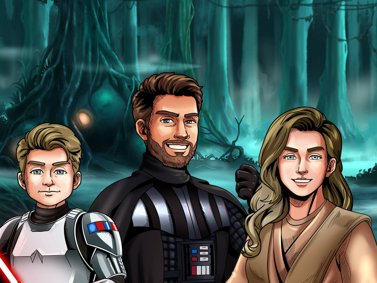Custom Star Wars-style Jedi portrait of three people — hand-drawn group illustration with lightsabers