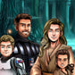 Custom Star Wars-style Jedi portrait of four people — hand-drawn family illustration with lightsabers