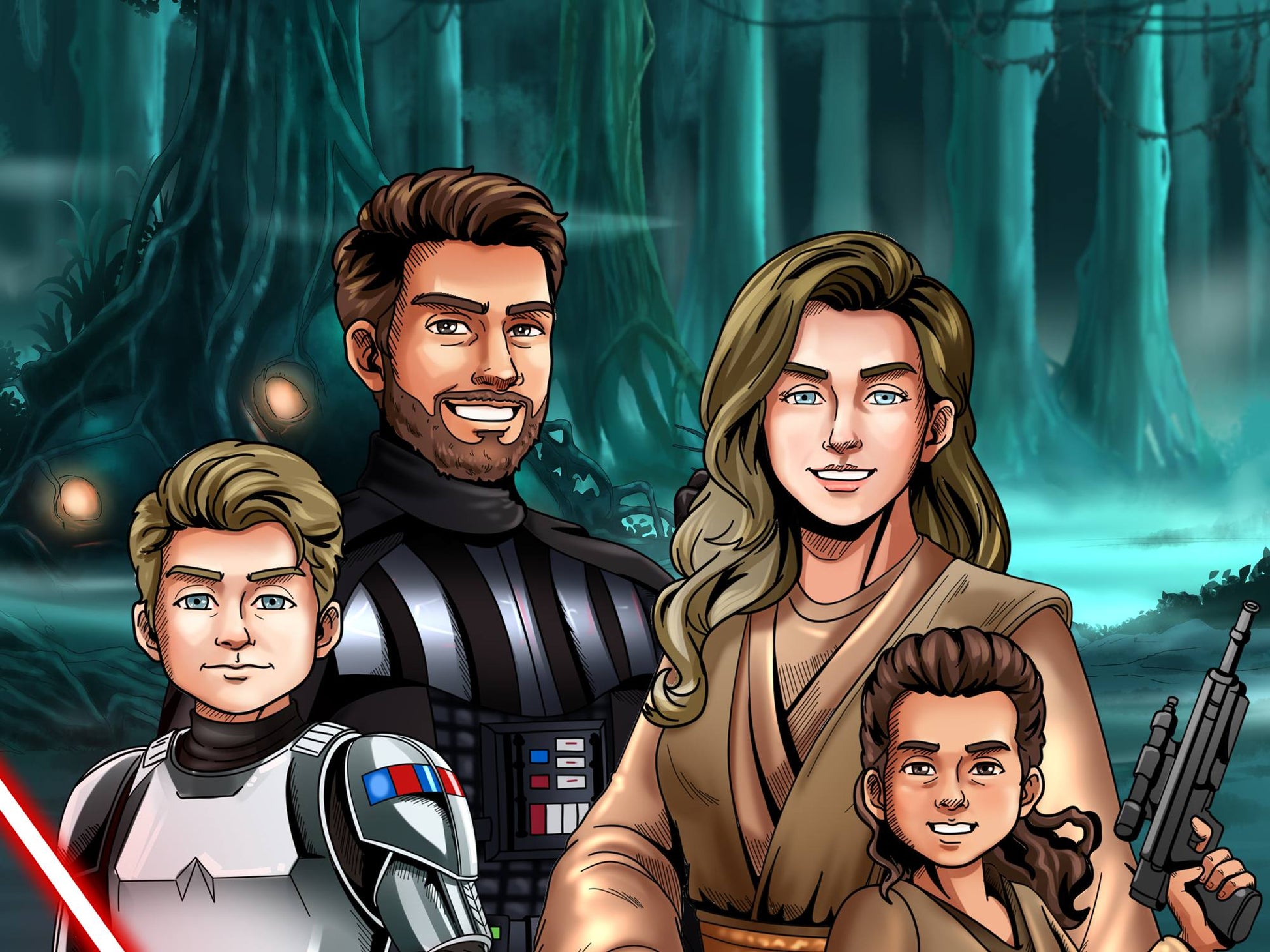 Custom Star Wars-style Jedi portrait of four people — hand-drawn family illustration with lightsabers