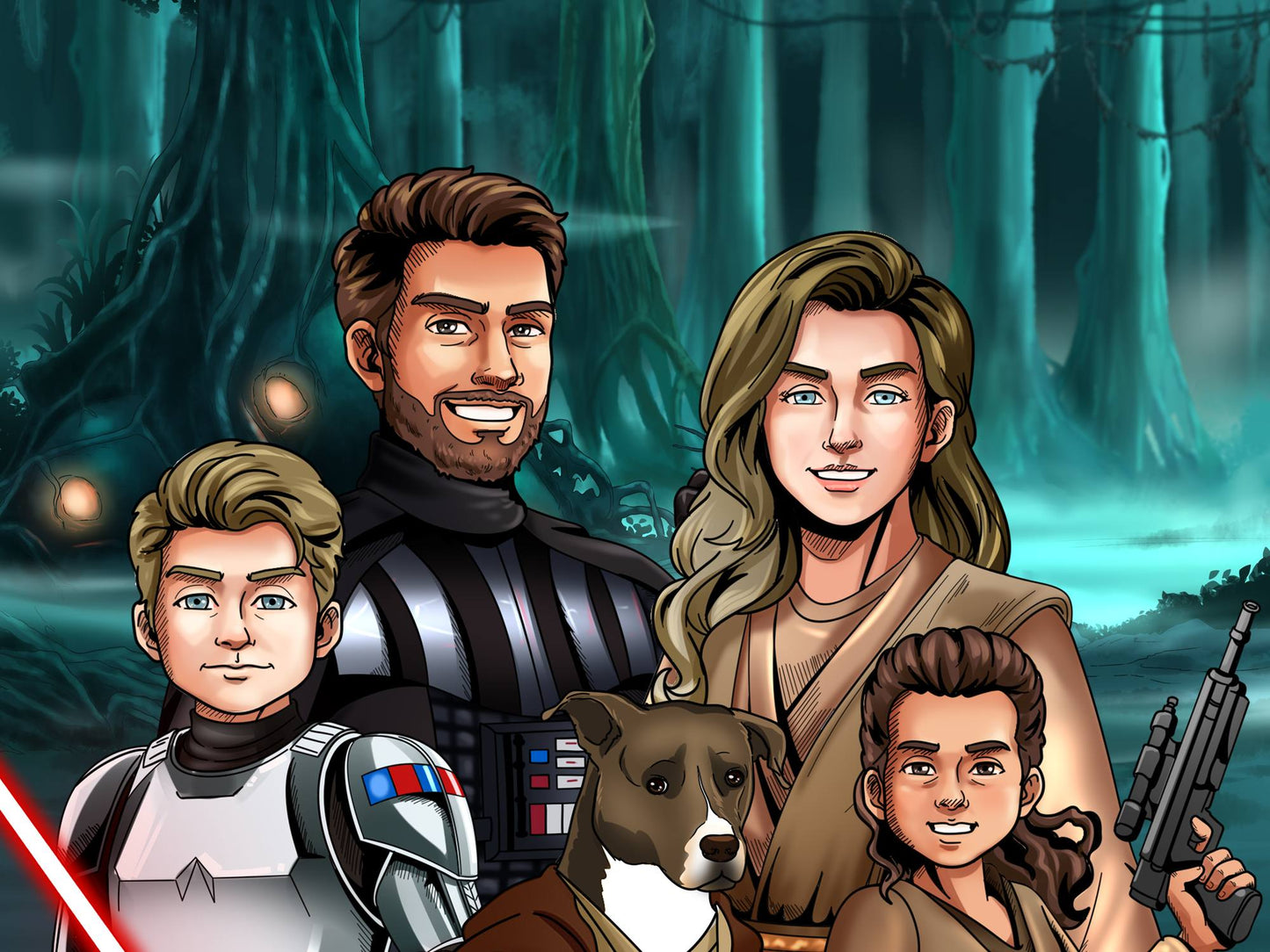Custom Star Wars-style Jedi portrait of a large group — hand-drawn illustration with multiple people holding lightsabers