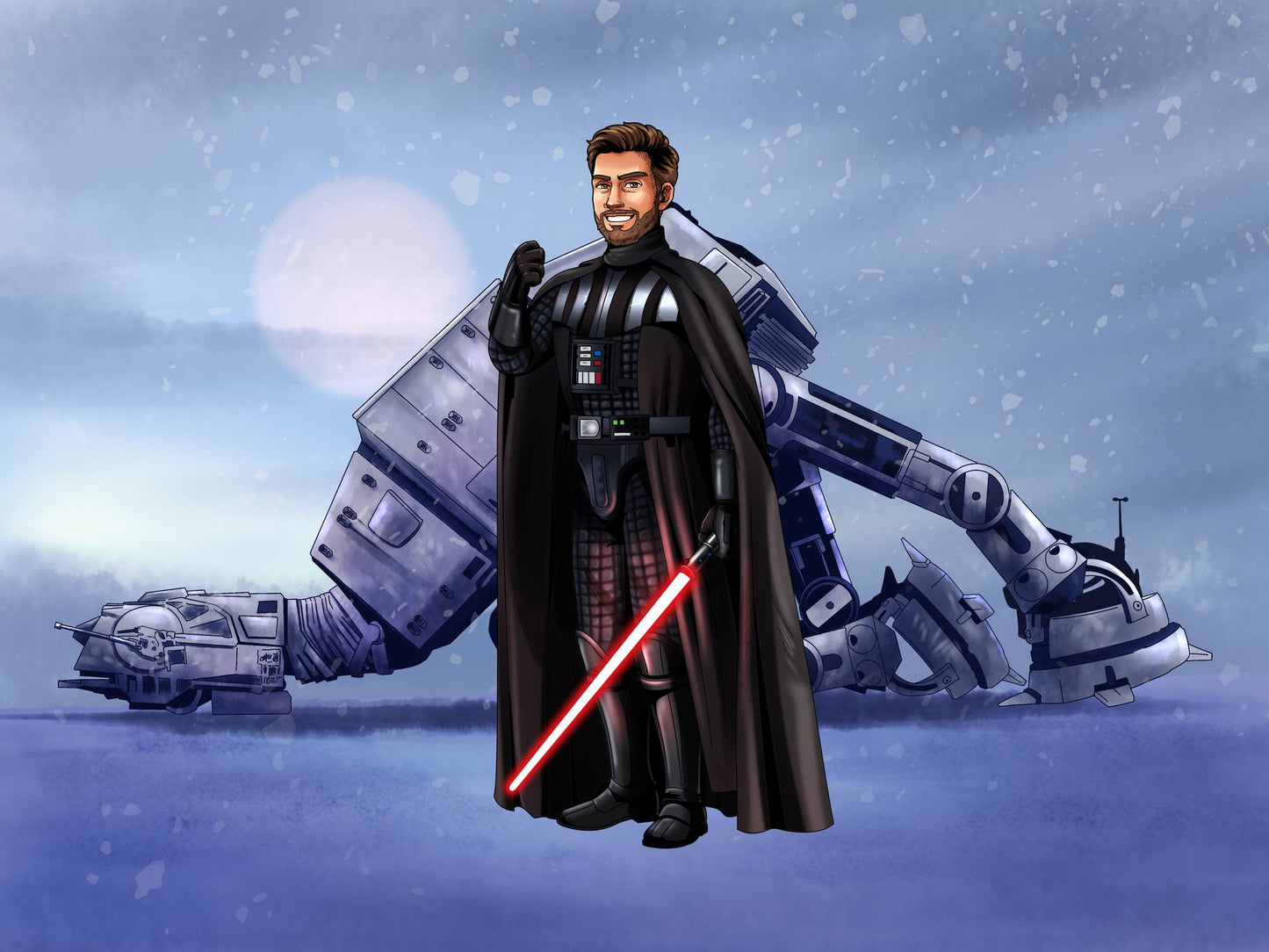 Custom Star Wars-style Jedi portrait of one person — hand-drawn illustration in Jedi robes with lightsaber
