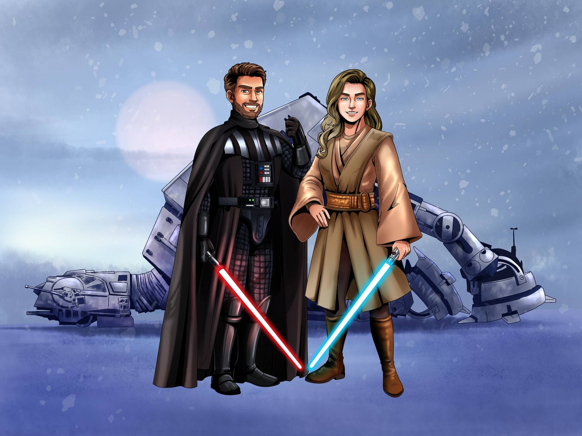 Custom Star Wars-style Jedi portrait of two people — hand-drawn couple illustration with lightsabers
