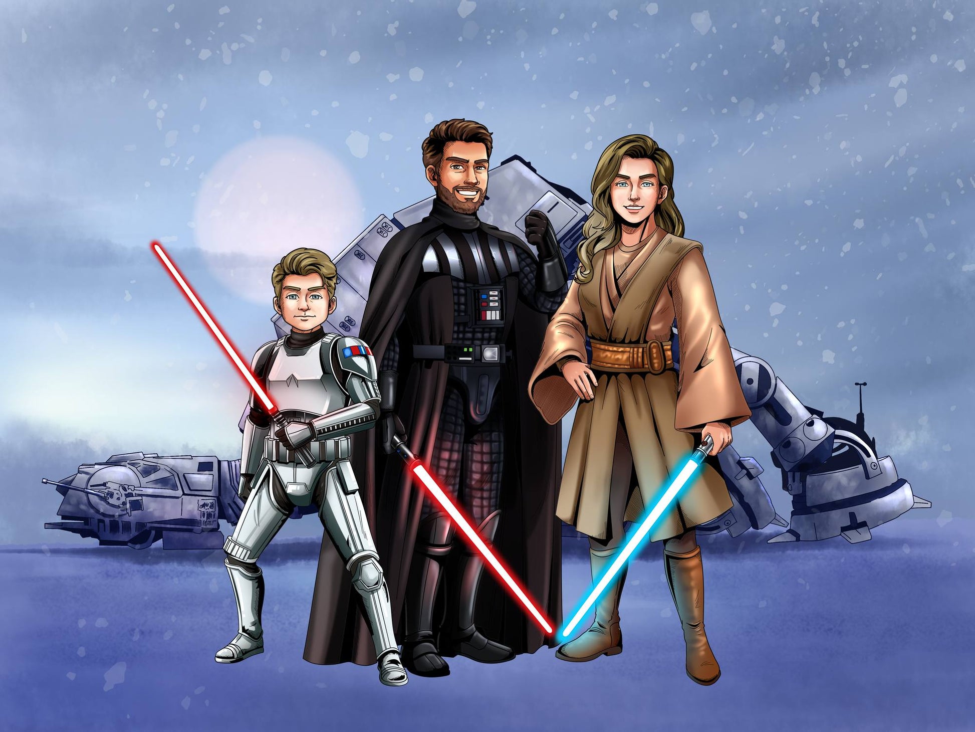 Custom Star Wars-style Jedi portrait of three people — hand-drawn group illustration with lightsabers