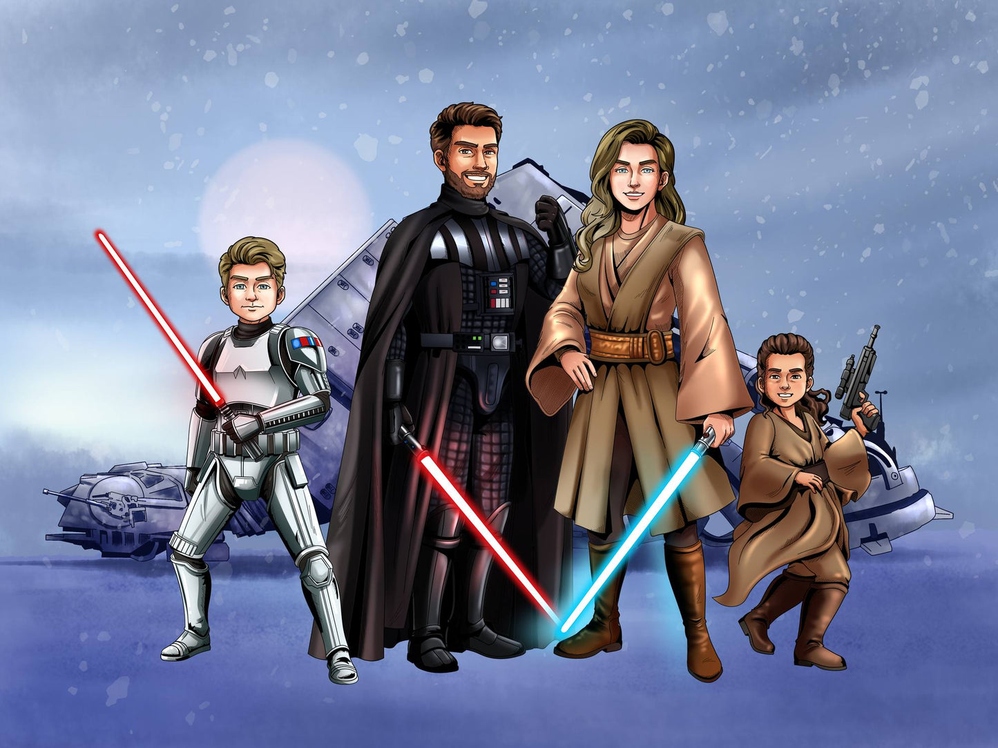 Custom Star Wars-style Jedi portrait of four people — hand-drawn family illustration with lightsabers