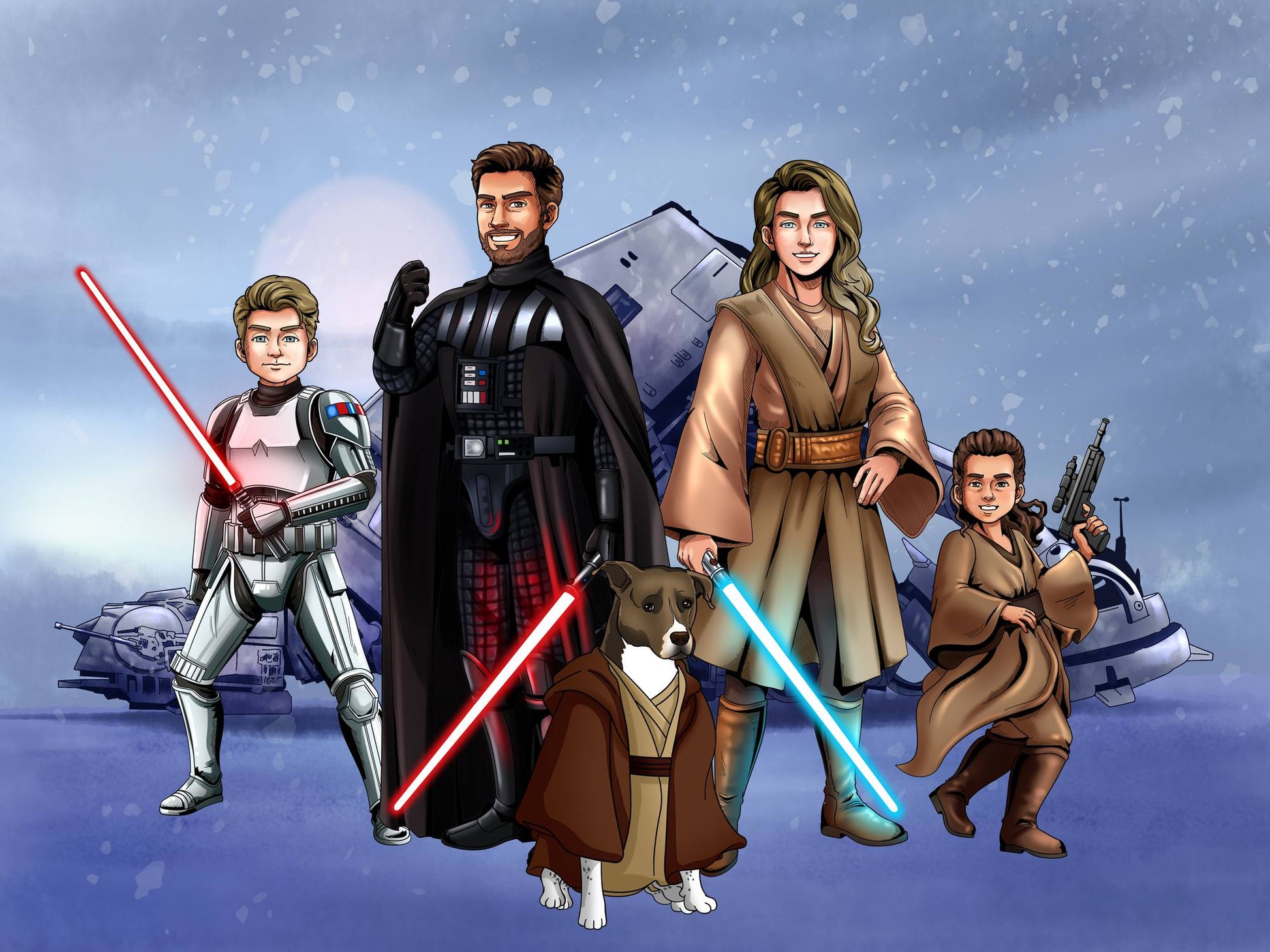 Custom Star Wars-style Jedi portrait of a large group — hand-drawn illustration with multiple people holding lightsabers