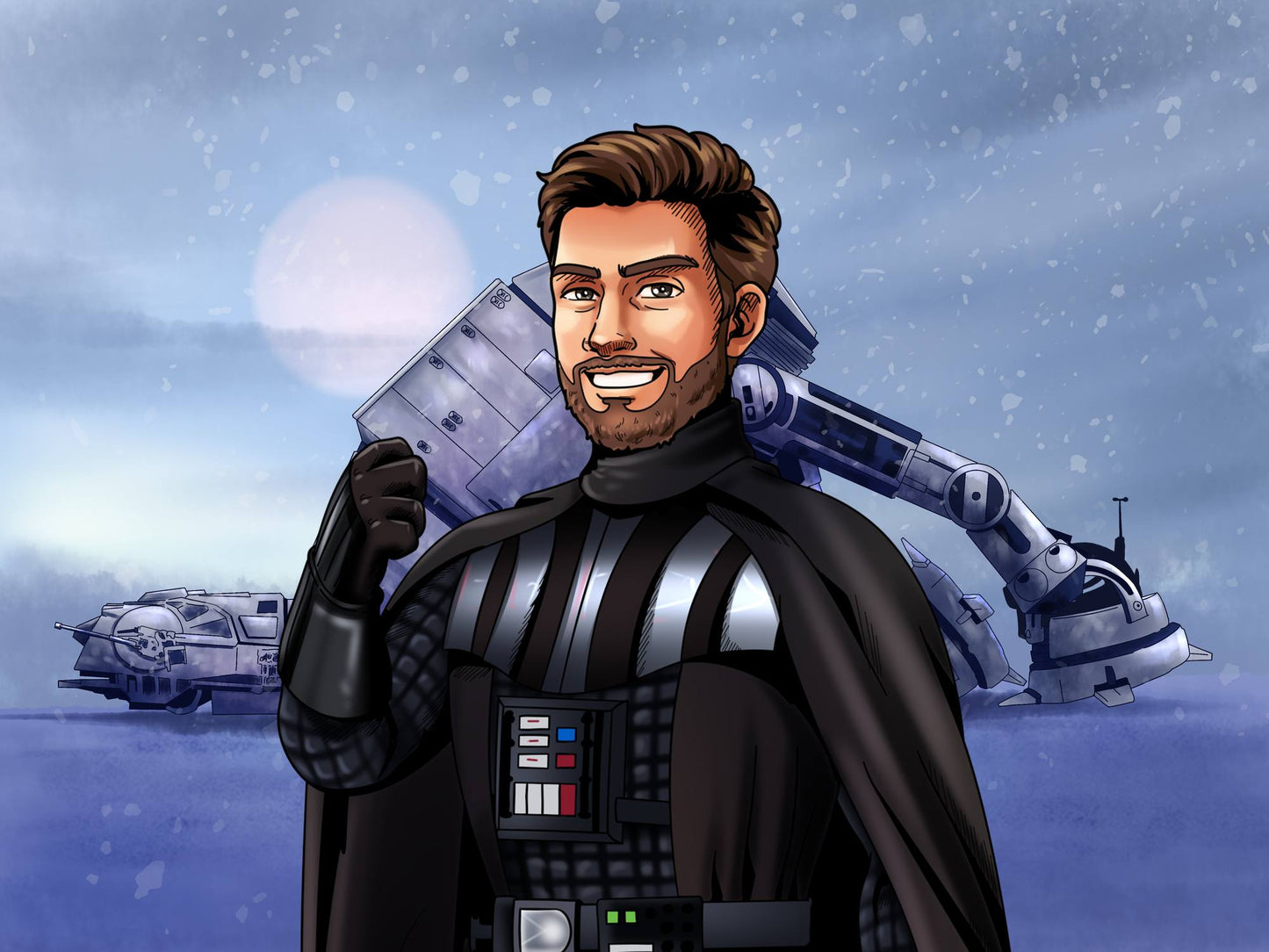 Custom Star Wars-style Jedi portrait of one person — hand-drawn illustration in Jedi robes with lightsaber