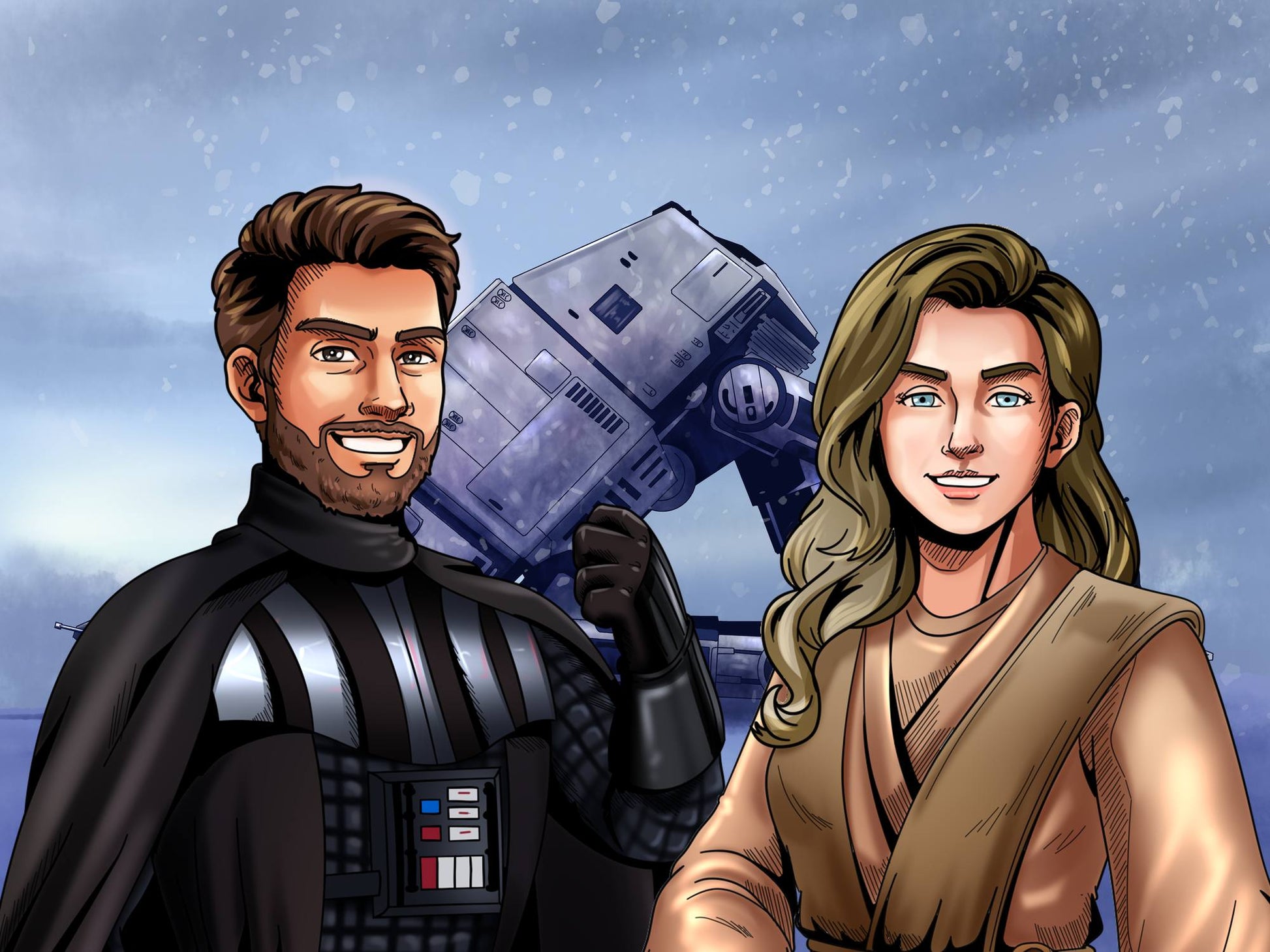 Custom Star Wars-style Jedi portrait of two people — hand-drawn couple illustration with lightsabers