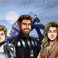 Custom Star Wars-style Jedi portrait of three people — hand-drawn group illustration with lightsabers
