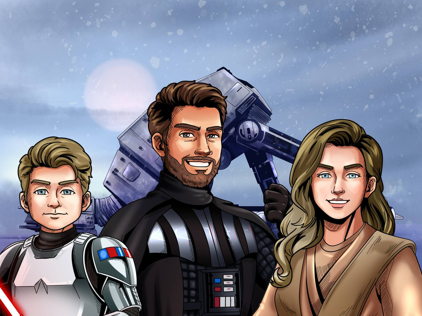 Custom Star Wars-style Jedi portrait of three people — hand-drawn group illustration with lightsabers