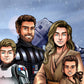 Custom Star Wars-style Jedi portrait of four people — hand-drawn family illustration with lightsabers