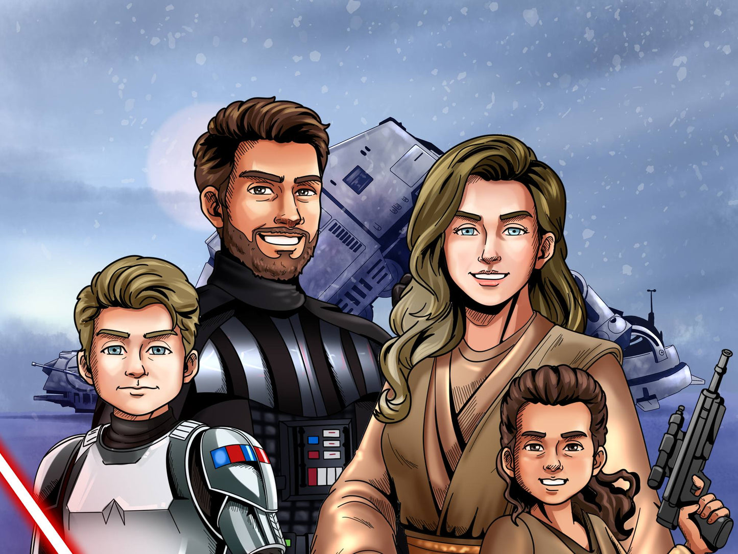 Custom Star Wars-style Jedi portrait of four people — hand-drawn family illustration with lightsabers