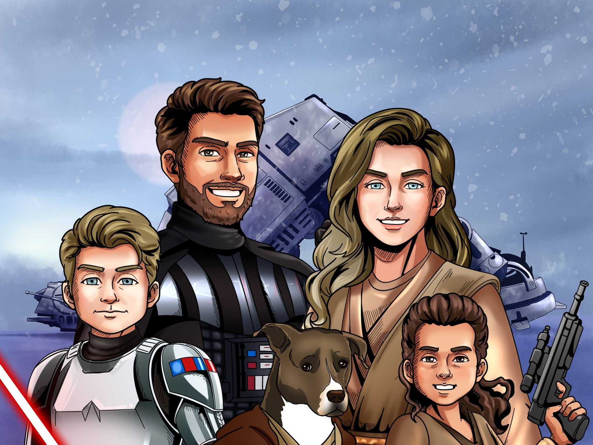 Custom Star Wars-style Jedi portrait of a large group — hand-drawn illustration with multiple people holding lightsabers