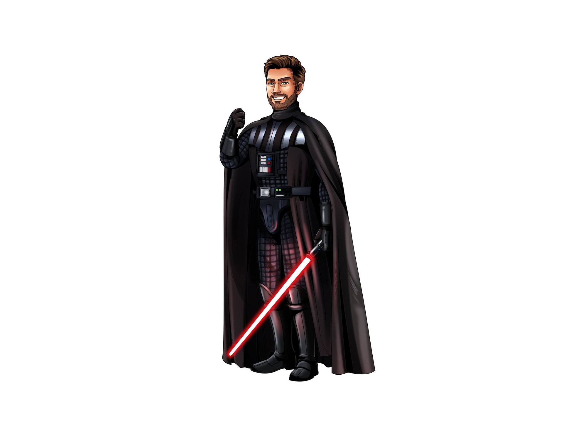 Custom Star Wars-style Jedi portrait of one person — hand-drawn illustration in Jedi robes with lightsaber