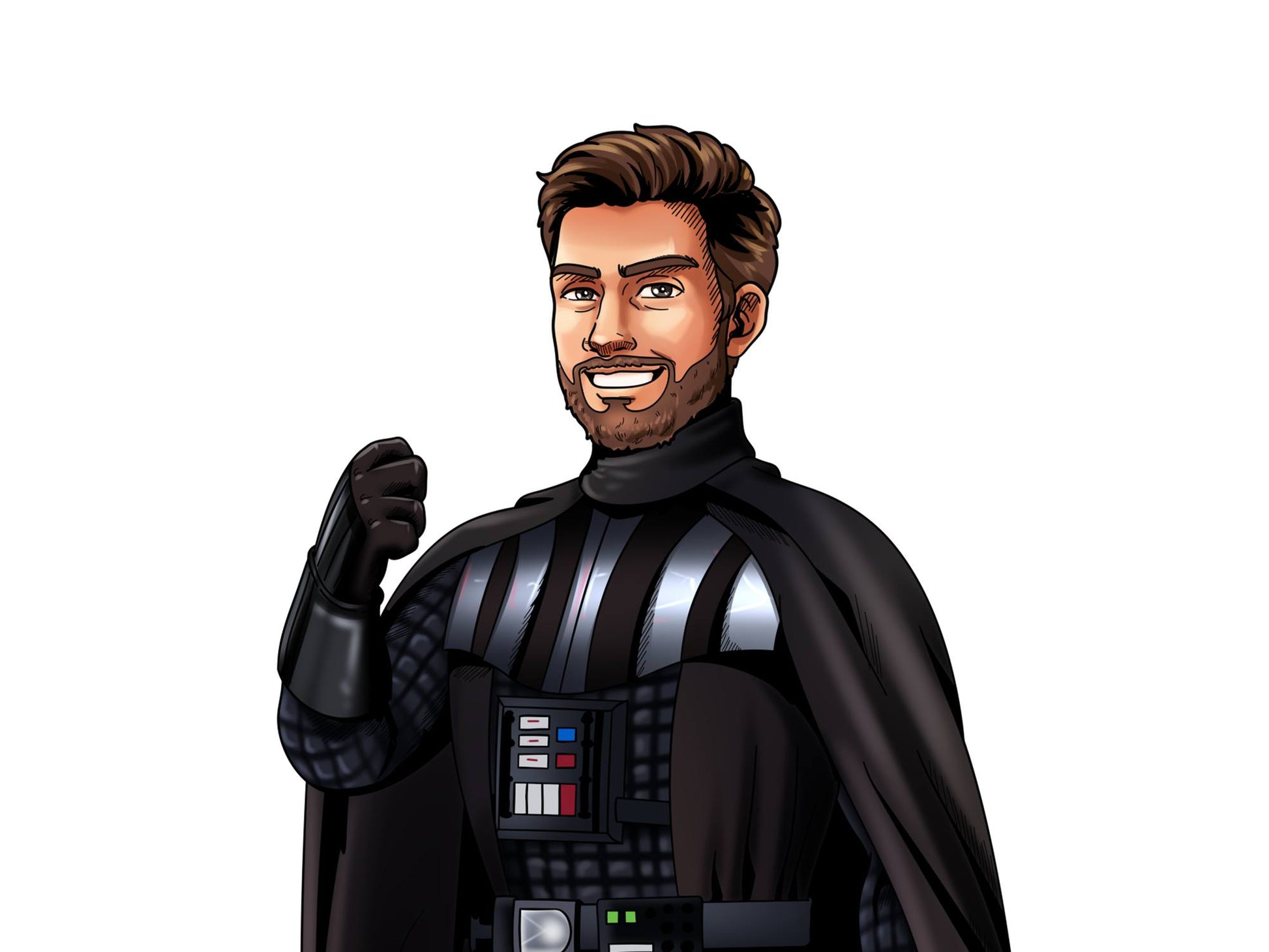 Custom Star Wars-style Jedi portrait of one person — hand-drawn illustration in Jedi robes with lightsaber
