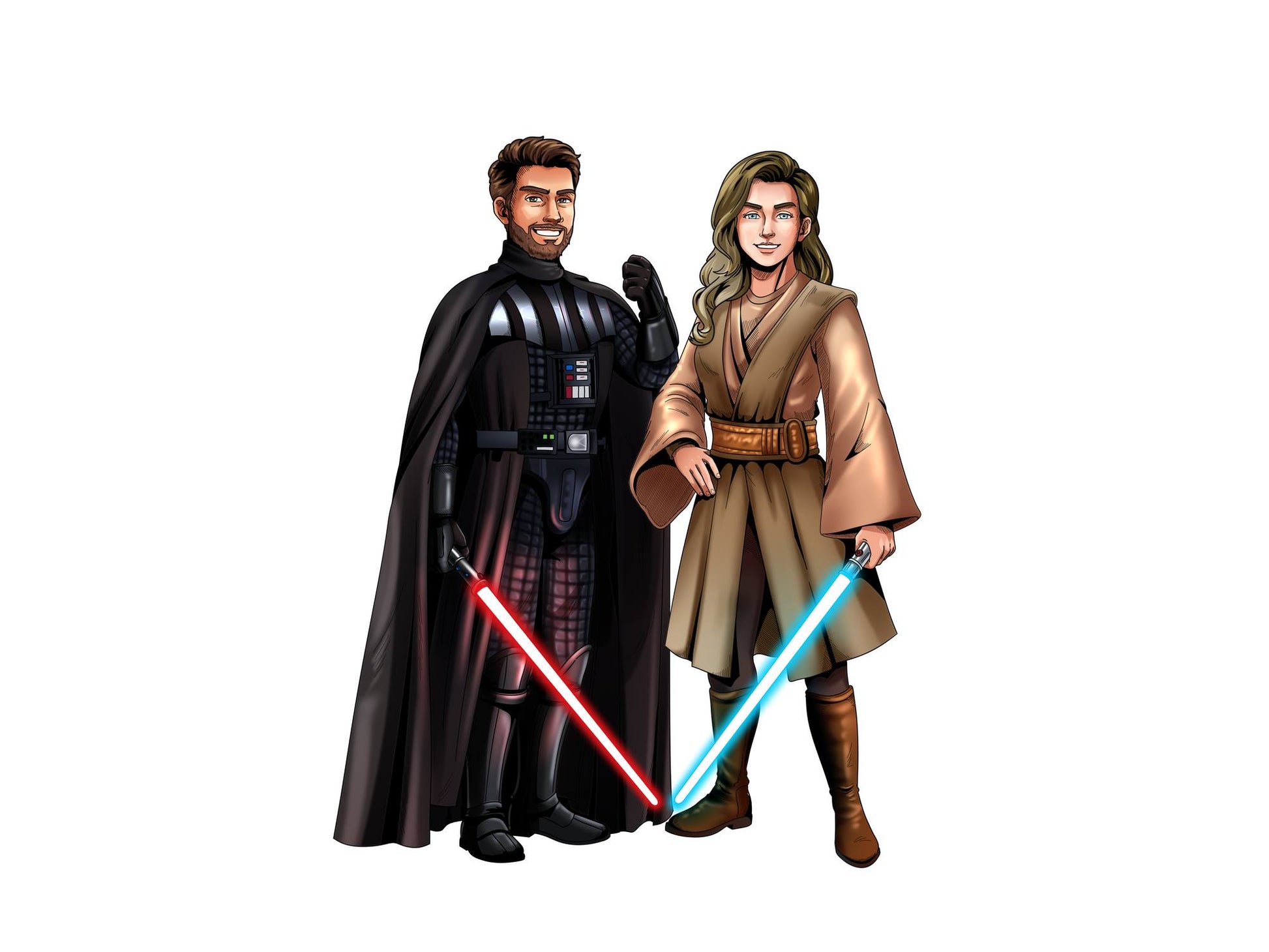 Custom Star Wars-style Jedi portrait of two people — hand-drawn couple illustration with lightsabers