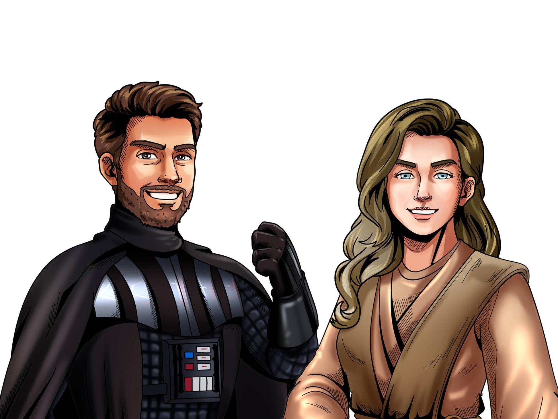 Custom Star Wars-style Jedi portrait of two people — hand-drawn couple illustration with lightsabers