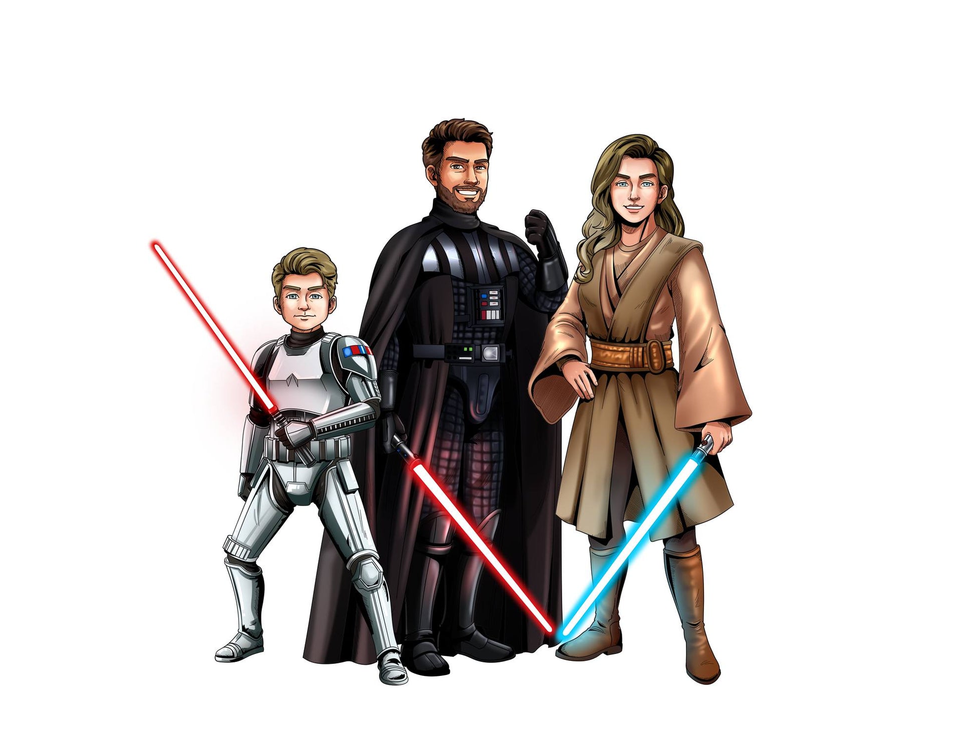 Custom Star Wars-style Jedi portrait of three people — hand-drawn group illustration with lightsabers