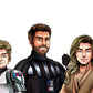 Custom Star Wars-style Jedi portrait of three people — hand-drawn group illustration with lightsabers