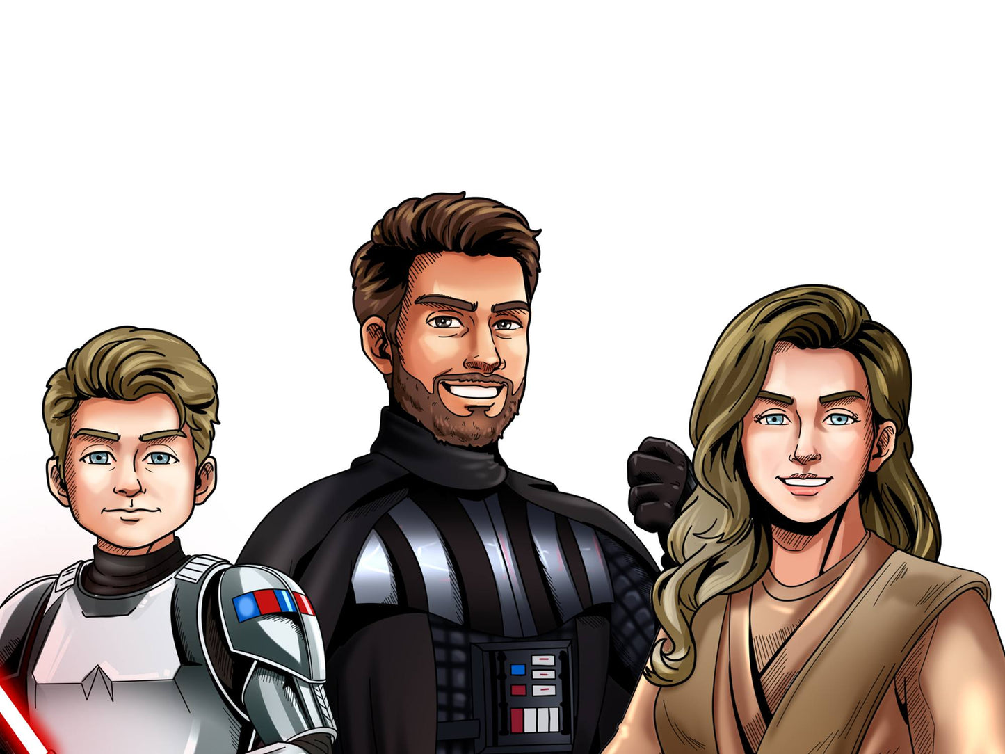 Custom Star Wars-style Jedi portrait of three people — hand-drawn group illustration with lightsabers